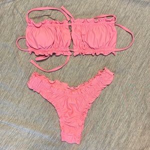 Ruched Lettuce Trim Bikini Swimsuit